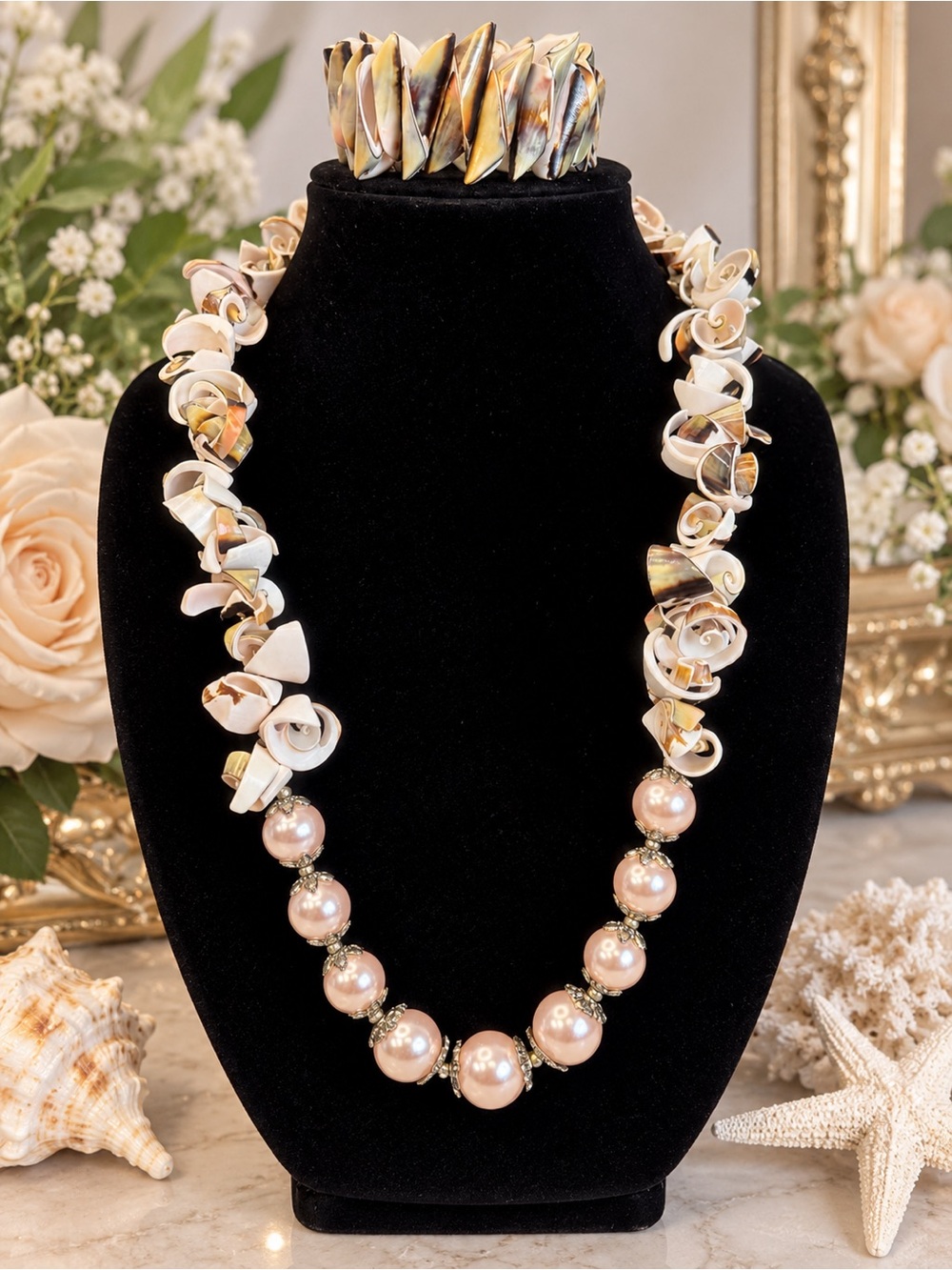 Statement Shell & Blush Pearl Necklace Natural Seashell Coastal Jewelry